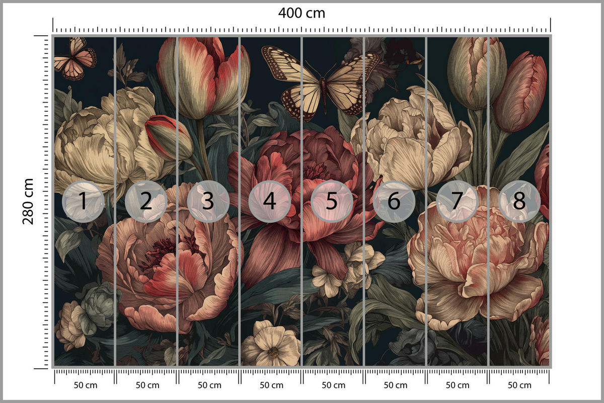 FOTOTAPETE für Schlafzimmer Pfingstrosen Tulpen Vintage Blumen Rosa Natur 400x280 - Gelb/Beige, Papier (400/280cm) - Muralo
