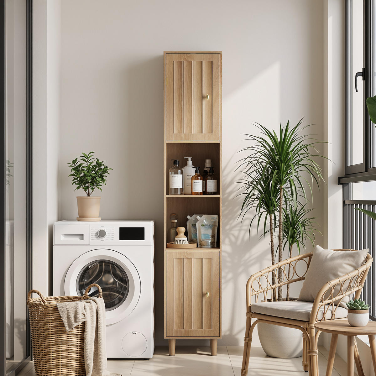 HOCHSCHRANK Bad 32/30/169 cm Eiche Optik mit Türen und offenen Regalen - Naturfarben, Holz (32/160/30cm) - PARAFTA HOME