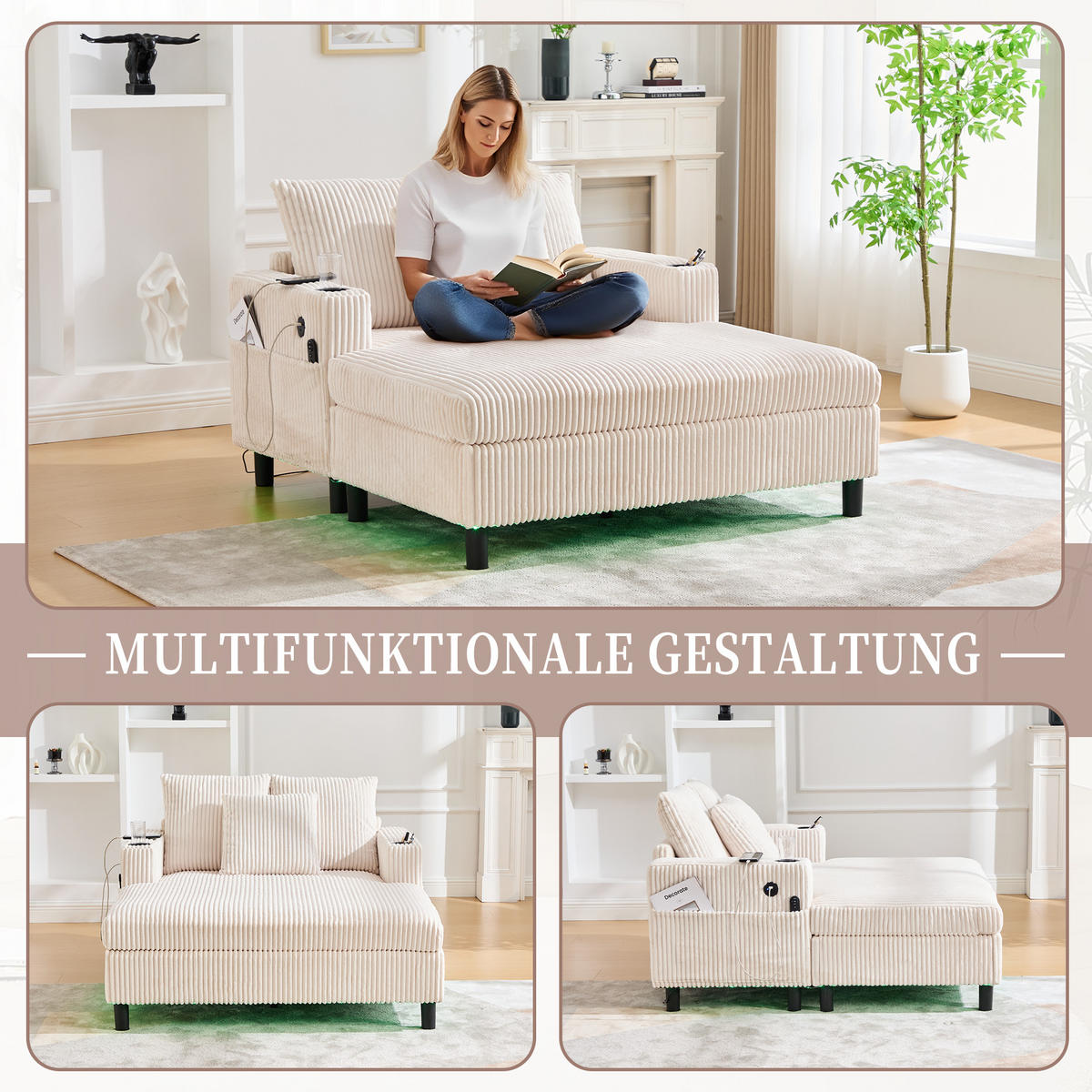 SCHLAFSOFA 1-Sitzer Corduroy Beige mit LED-Beleuchtung, USB-Anschlüssen und Getränkehaltern - Beige, Textil (128/85/142cm) - Luhomfu