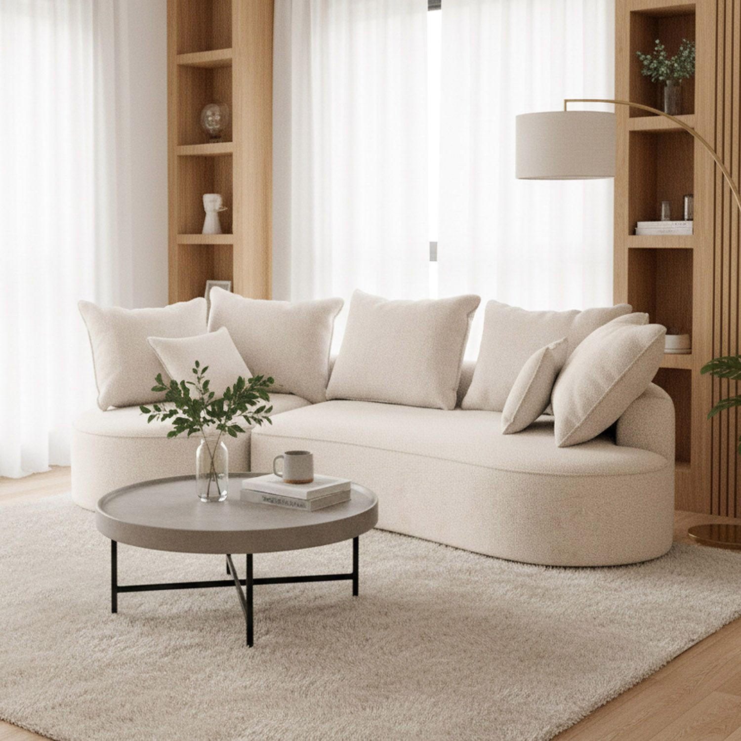 SOFA Tirano Bouclé Creme mit Ottomane links - Creme, Textil (102/300cm) - Juskys