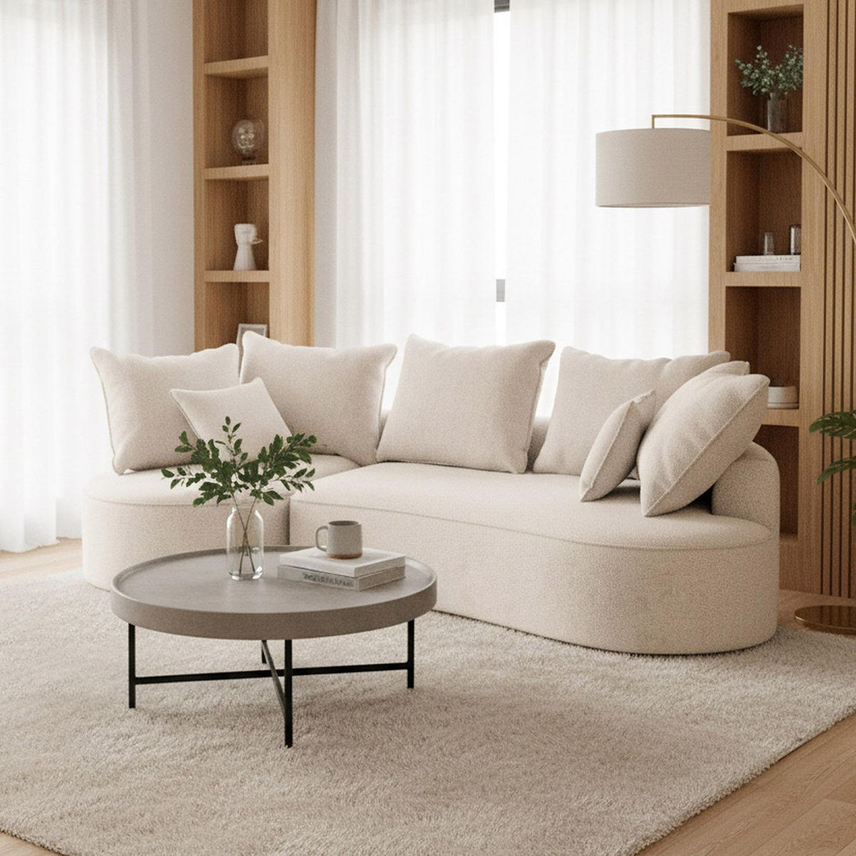 SOFA Tirano Bouclé Creme mit Ottomane links - Creme, Textil (102/300cm) - Juskys