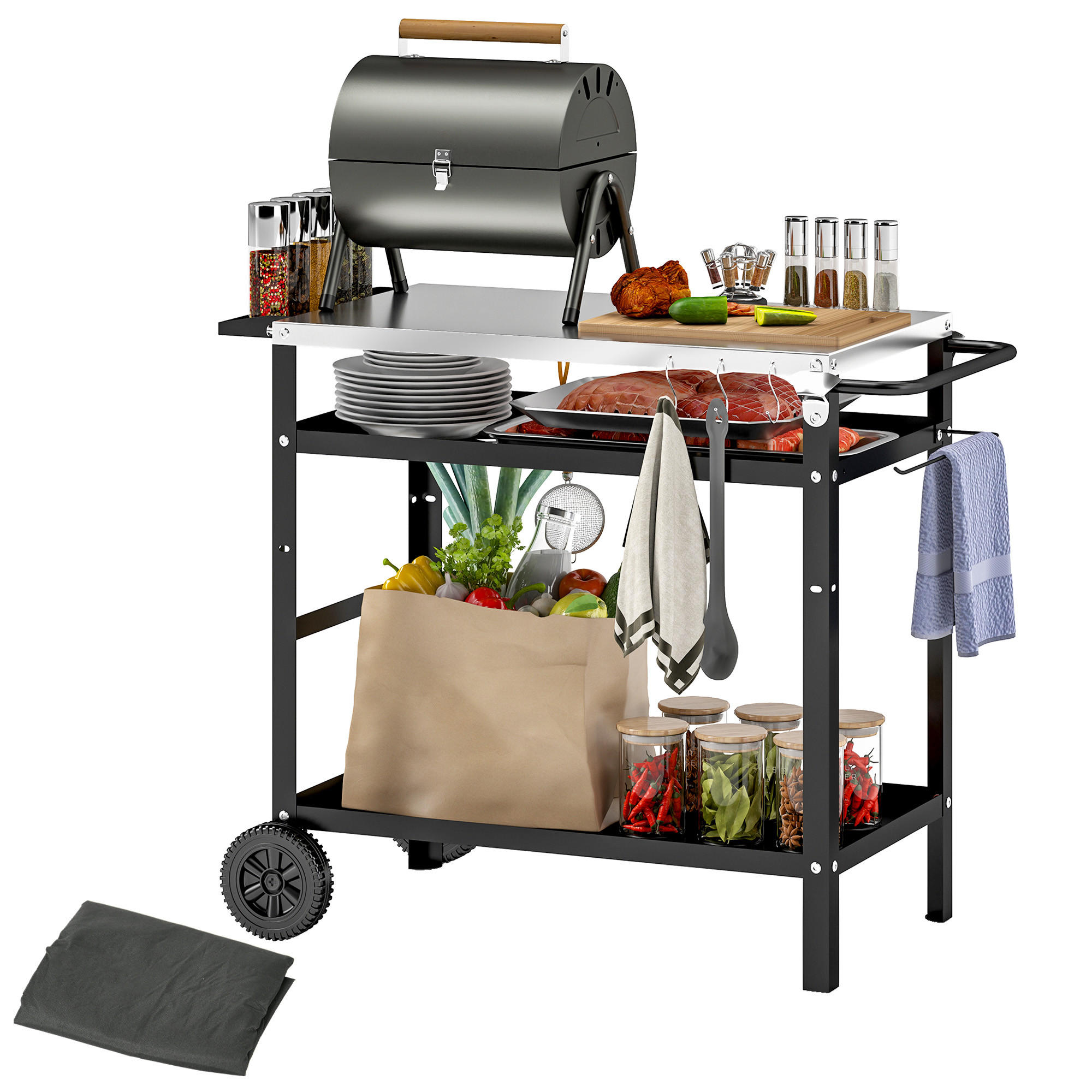 GRILLWAGEN 3-Etagen - Schwarz, Metall (52/80/100cm) - Outsunny