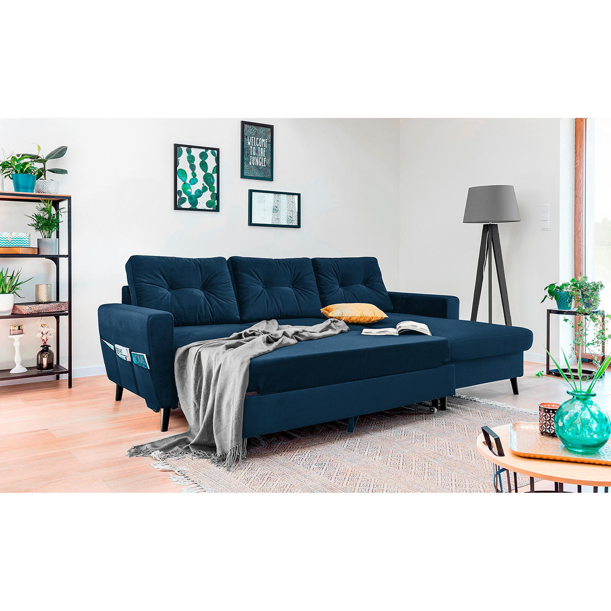 ECKSOFA mit Longchair - Petrol/Schwarz, Buchenholz/Textil (233/148cm) - home24