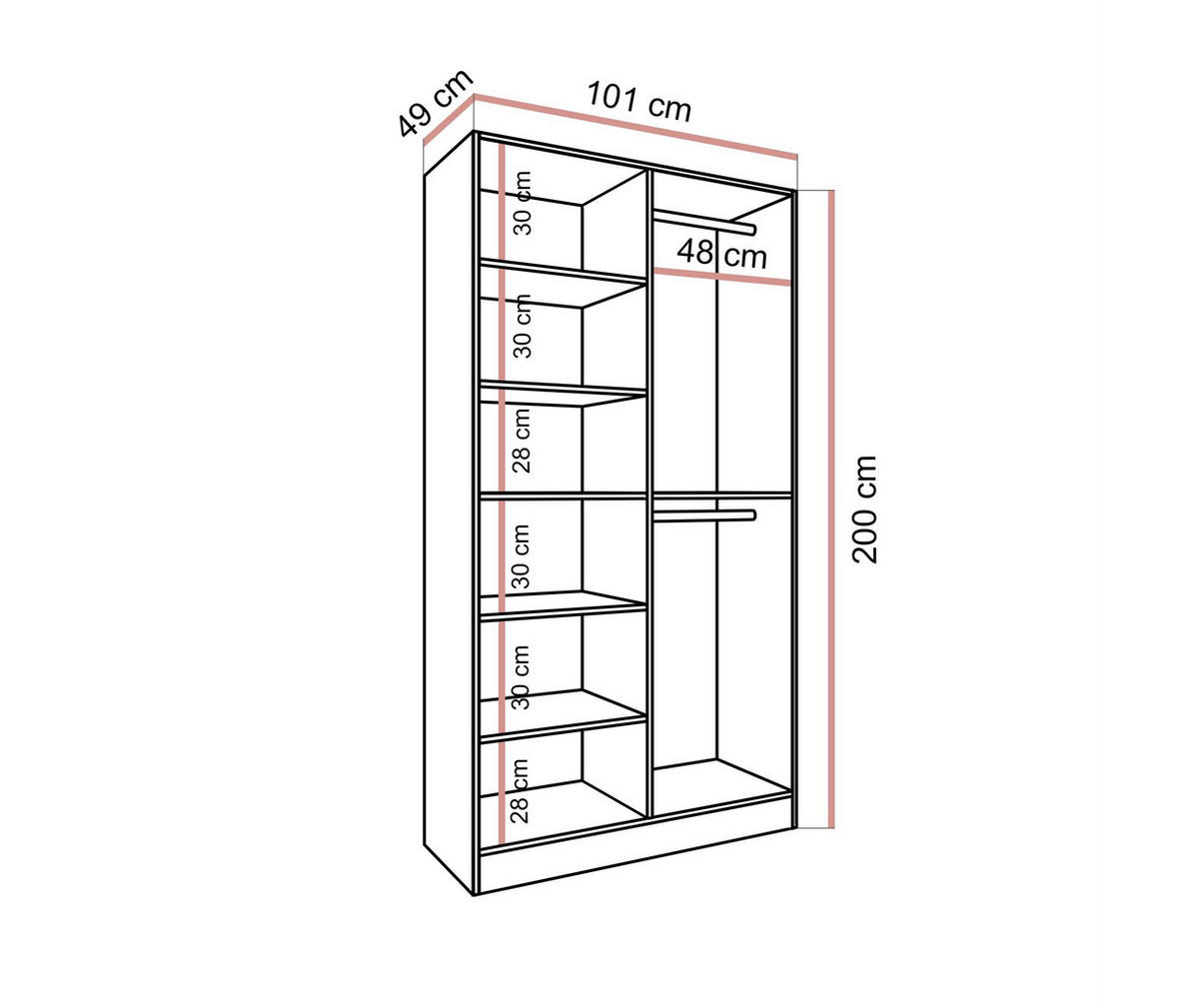 KLEIDERSCHRANK SANDBOX KASHMIR 100 101/49/200 cm Kaschmir / Kaschmir mit LED 4 Zusatzböden - Kaschmir/Schwarz, Holzwerkstoff/Kunststoff (101/200/49cm) - Lookway