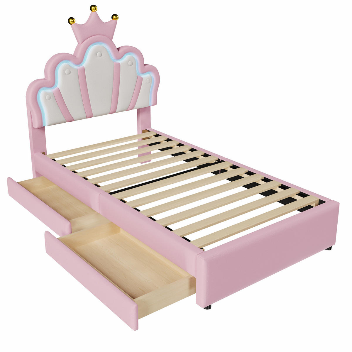 KINDERBETT Kindereinzelbetten 90/200 cm mit verstellbarem Kopfteil, LED-Beleuchtung, 2 Schubladen und PU-Bezug, Weiß/Rosa - Rosa, Kunststoff (90/200cm) - Redom