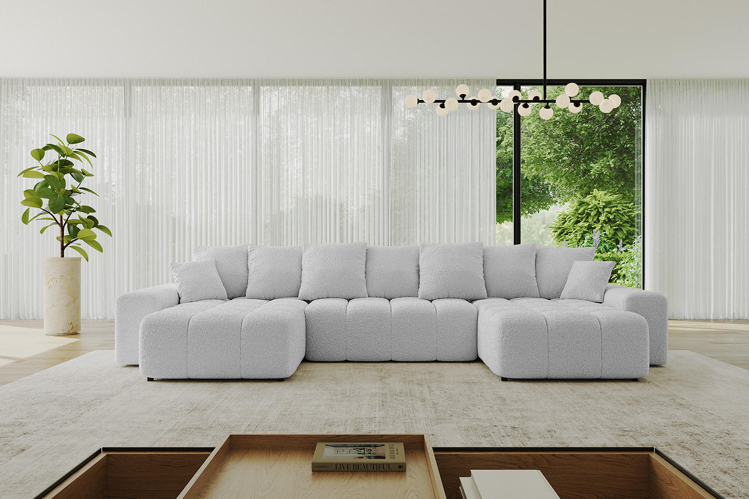 WOHNLANDSCHAFT ENIL-U 390x175x84 Hellgrau Bouclé - Hellgrau, Holzwerkstoff/Kunststoff (390/84/175cm) - ALTDECOR