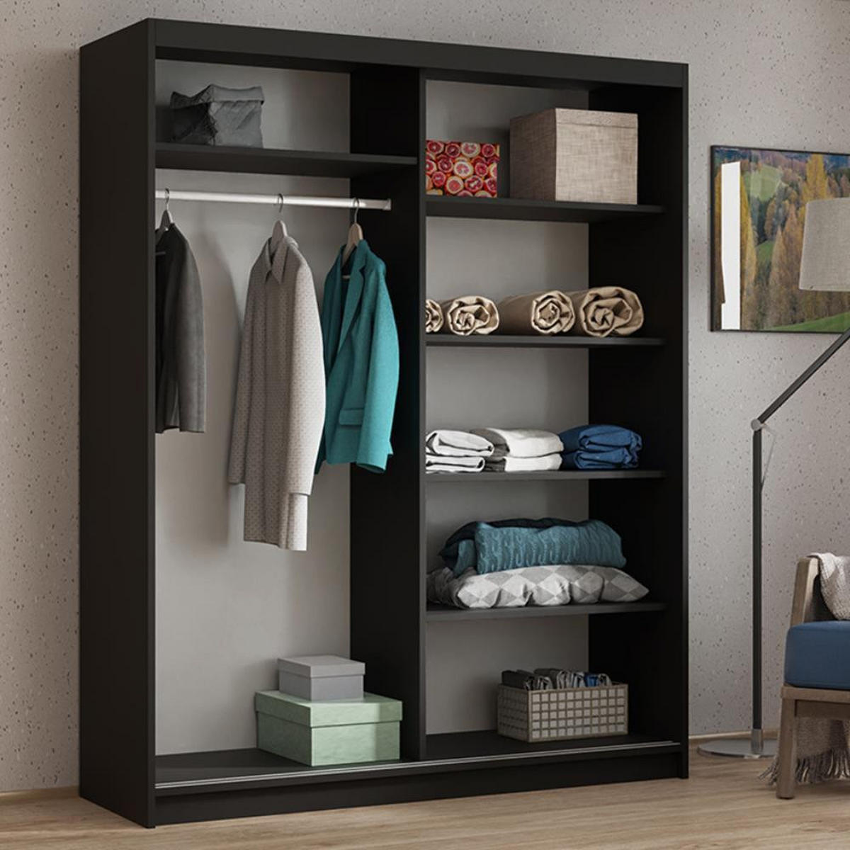 SCHWEBETÜRENSCHRANK Hela 100/205/60 2-türig schwarz mit Spiegel - Schwarz, Holzwerkstoff (100/205/60cm) - Beautysofa