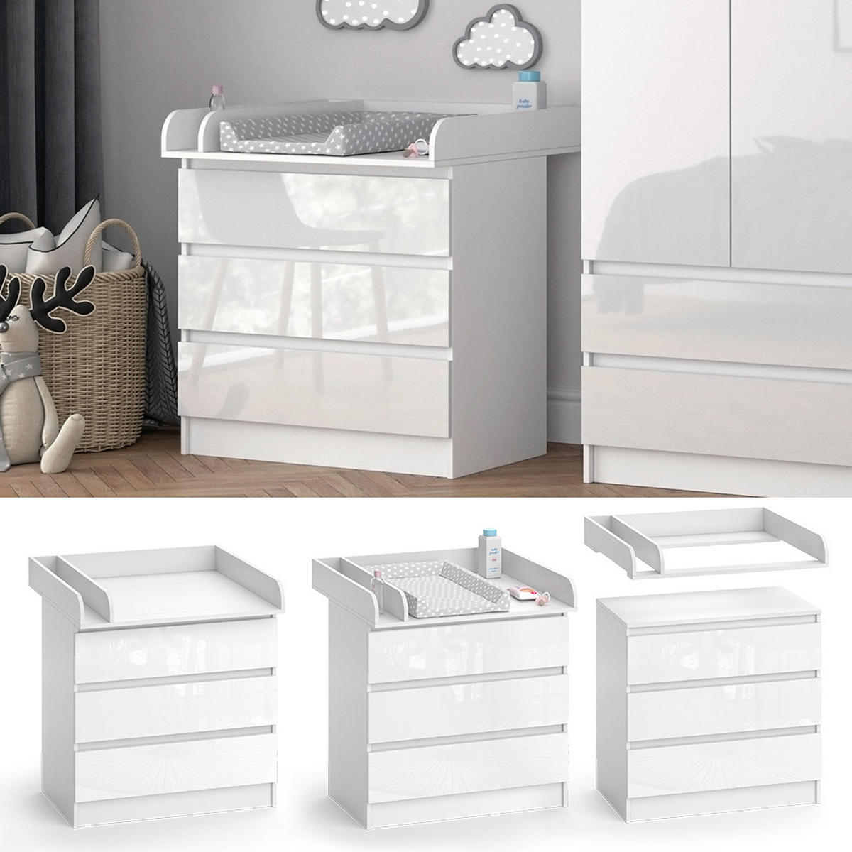 WICKELKOMMODE Emma Weiß 80 x 85.4 cm mit 3 Schubladen - Weiß, Holzwerkstoff (80/87/76cm) - Vicco