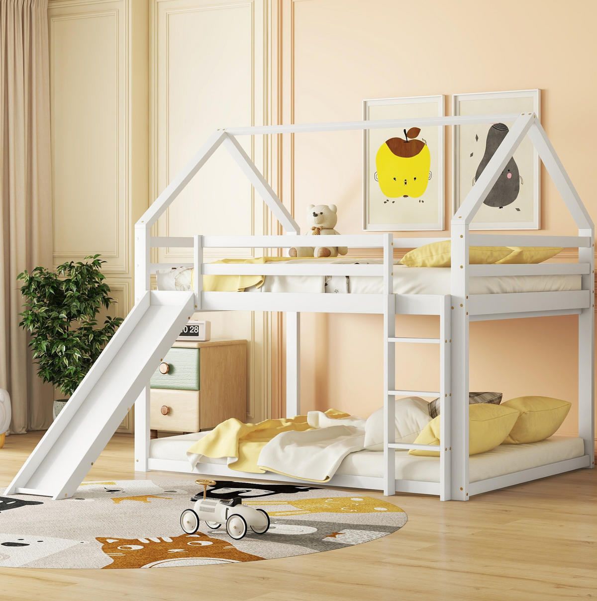 HAUSBETT mit Rutsche 140/200 cm in Weiß – Etagenbett aus Kiefernholz - Weiß, Holz (140/200cm) - BEAOK