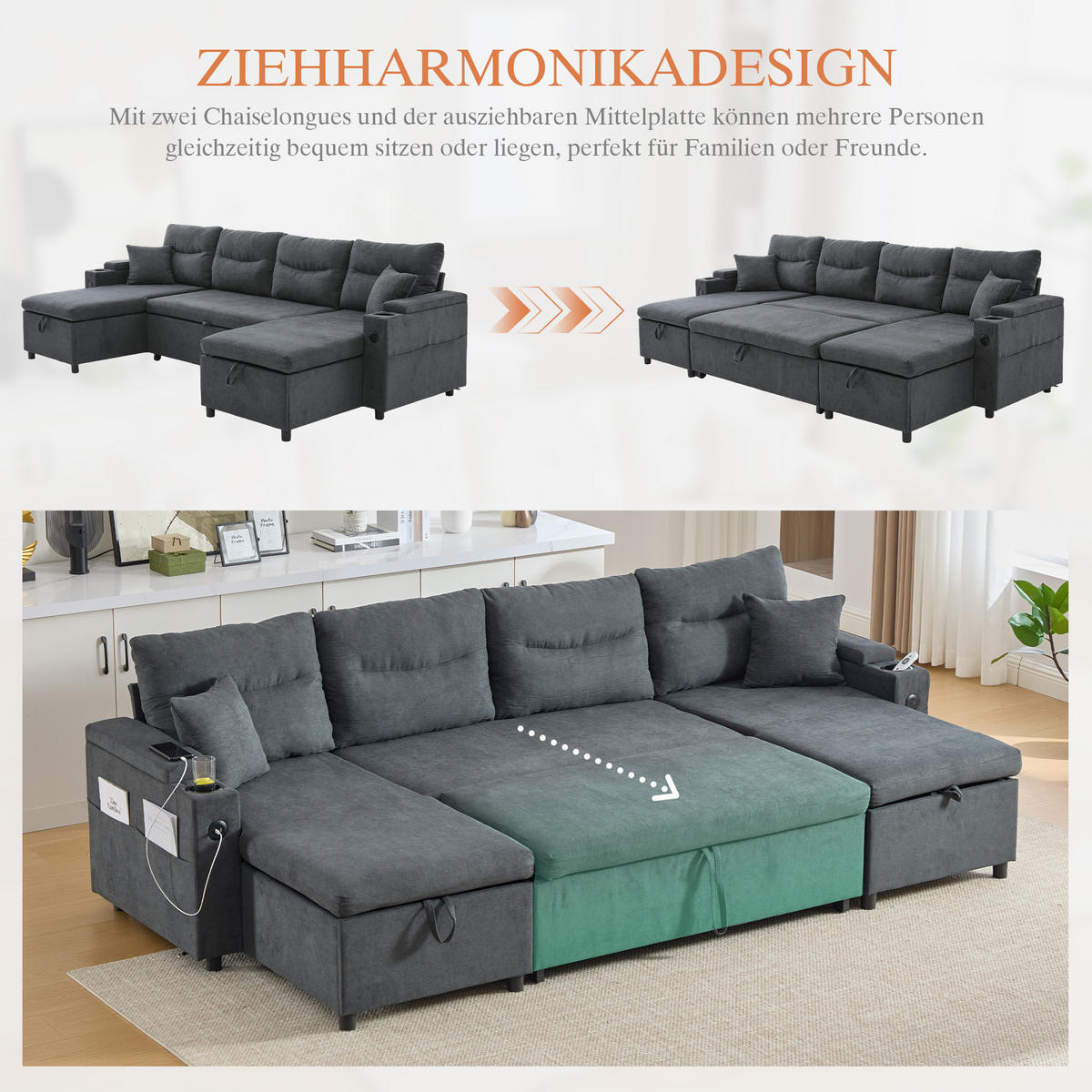 SCHLAFSOFA 4-Sitzer mit Chaiselongues, USB und Stauraum, Dunkelgrau - Dunkelgrau, Textil (272/86/136cm)