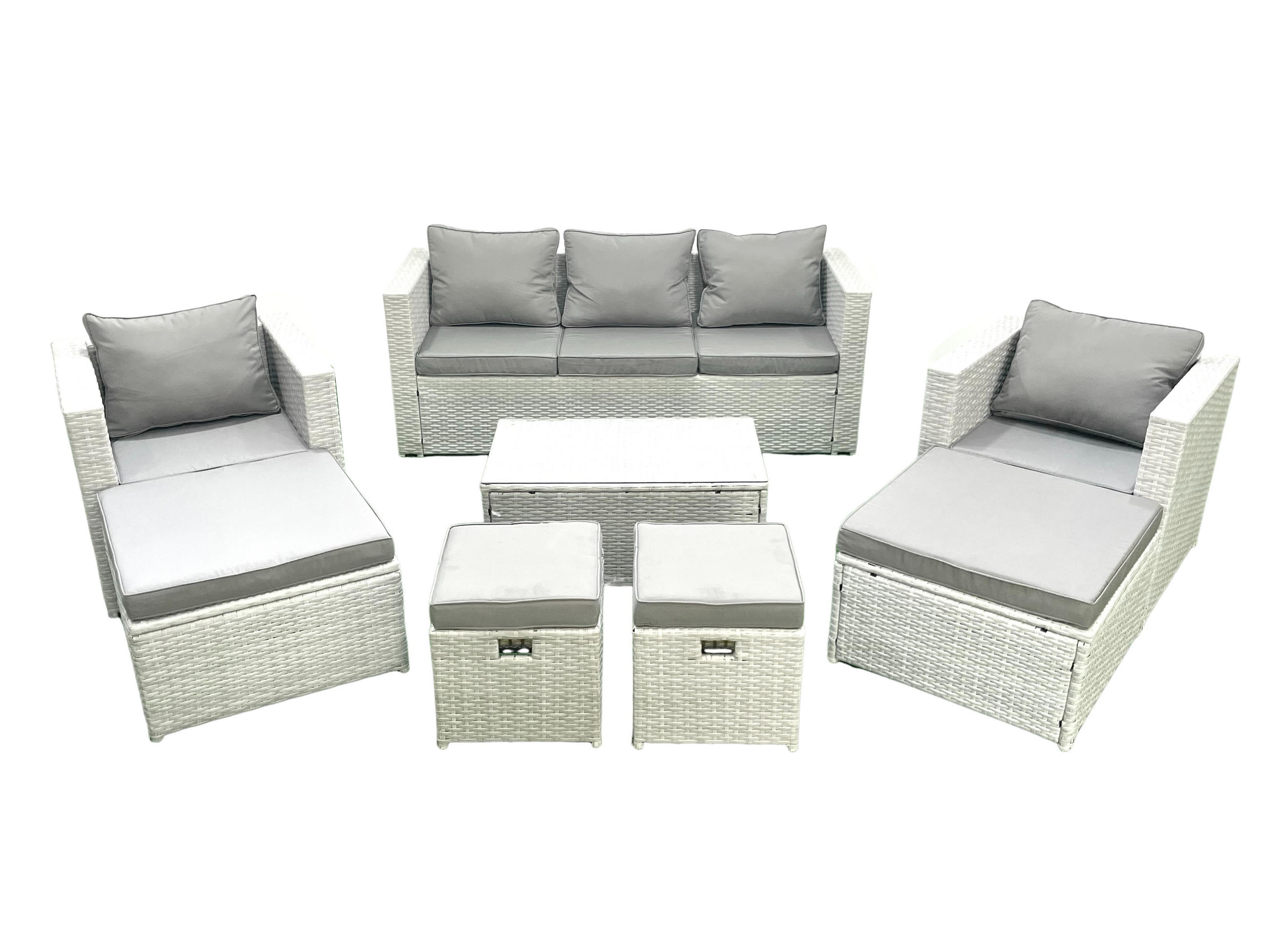 GARTENSET mit 3-SITZER SOFA,COUCHTISCH Polyrattan Hellgrau-Mix 9-Sitzer - Hellgrau/Grau, Glas/Kunststoff - Fimous