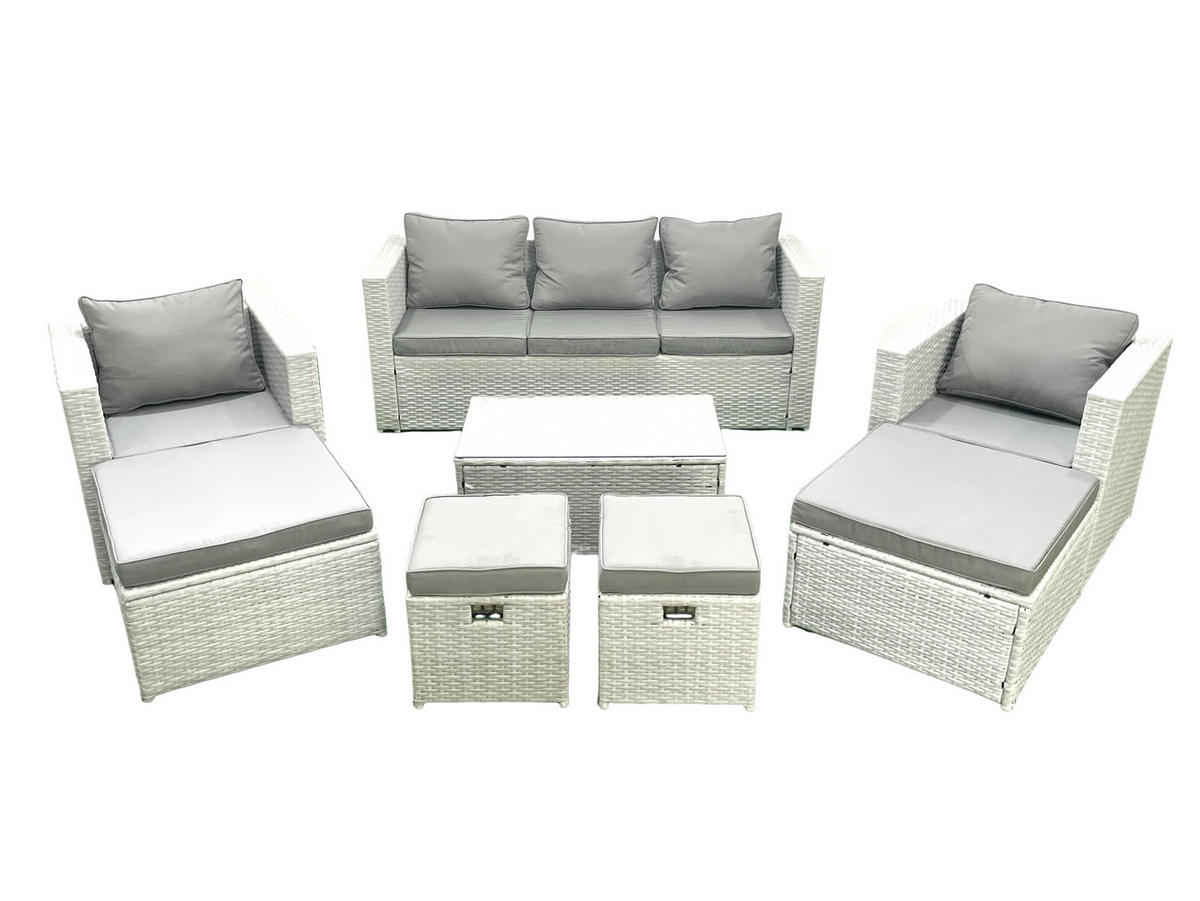 GARTENSET mit 3-SITZER SOFA,COUCHTISCH Polyrattan Hellgrau-Mix 9-Sitzer - Hellgrau/Grau, Glas/Kunststoff - Fimous