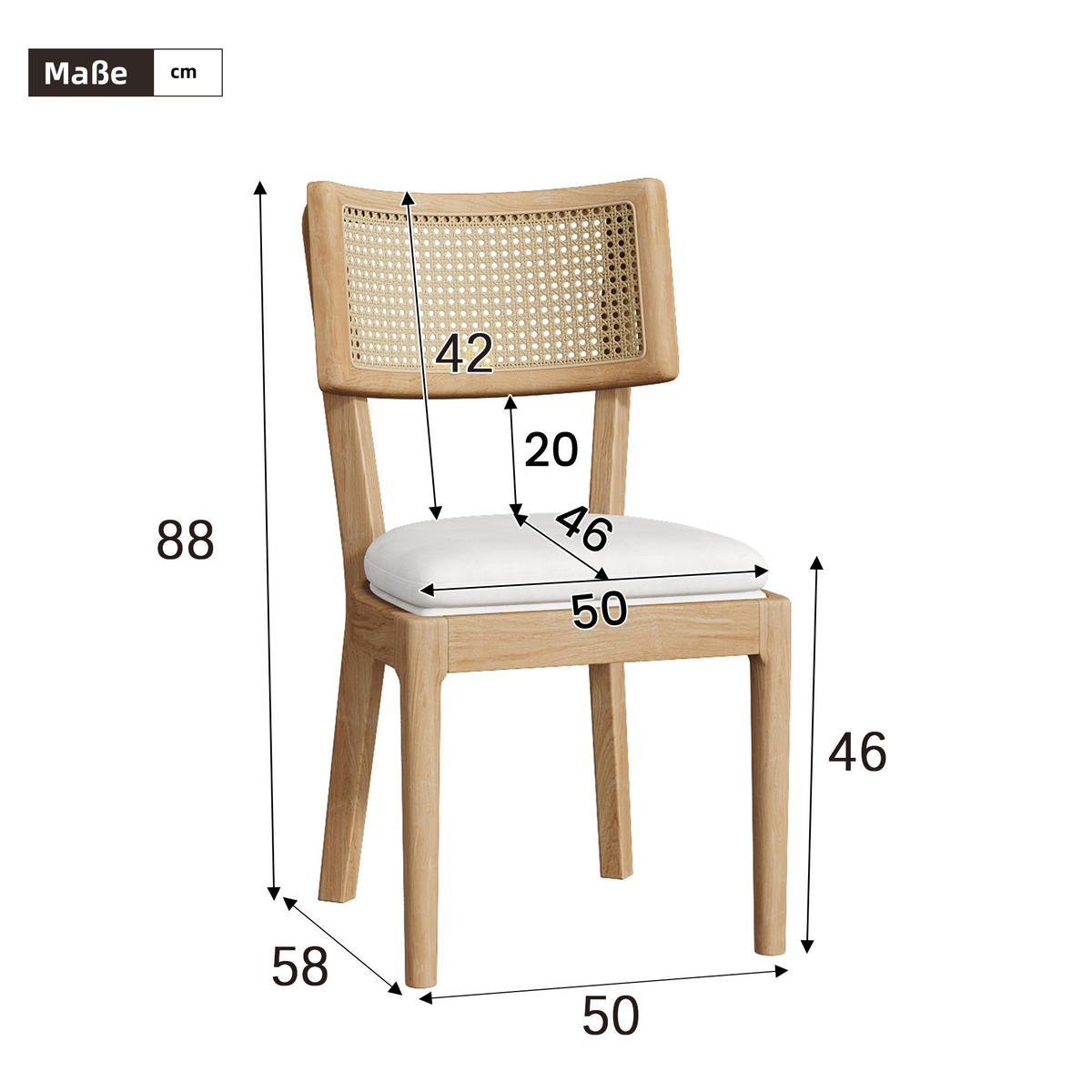 ESSZIMMERSTÜHLE 2er-Set aus Massivholz & Rattan Leinen-Polster in Naturfarben - Naturfarben, Holzwerkstoff (50/88/58cm) - Urban Meuble