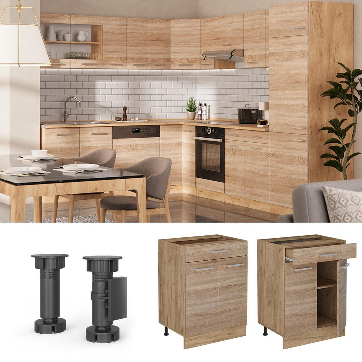 DULAP DE BAZĂ DE BUCĂTĂRIE R-Line Sonoma 60 cm marmură AP - stejar miere/stejar Sonoma, compozit lemnos (60/81.6/60cm) - Vicco