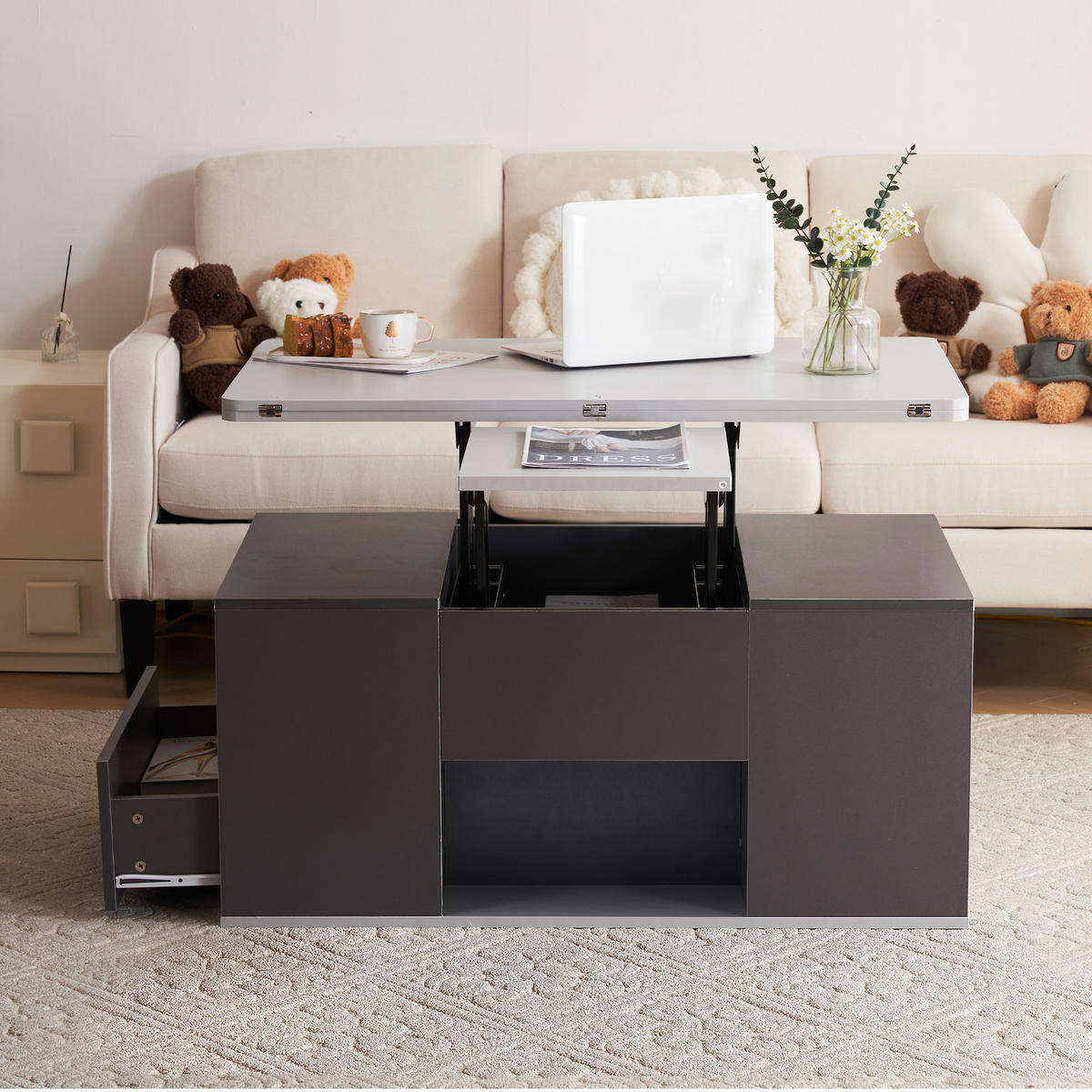 COUCHTISCH aus Spanplatte 100x51x47 cm in Grau mit höhenverstellbarer Tischplatte - Grau, Holzwerkstoff (100/51/47cm) - Modfu
