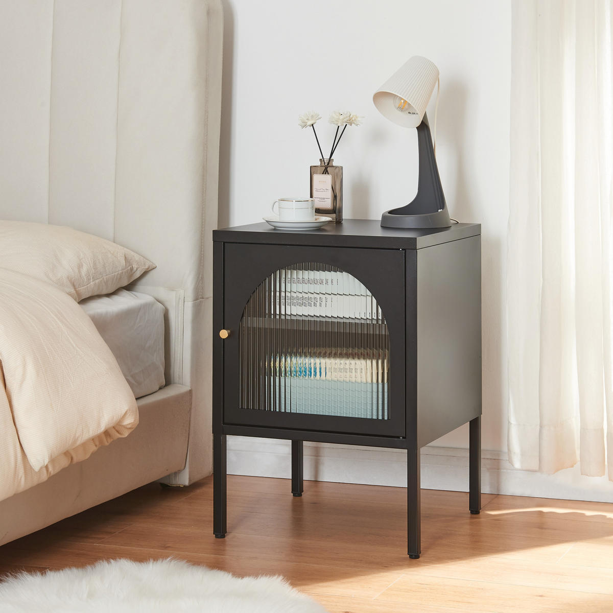 NACHTSCHRANK Karlskrona - Schwarz, Glas/Metall (42.5/60/40cm) - [en.casa]