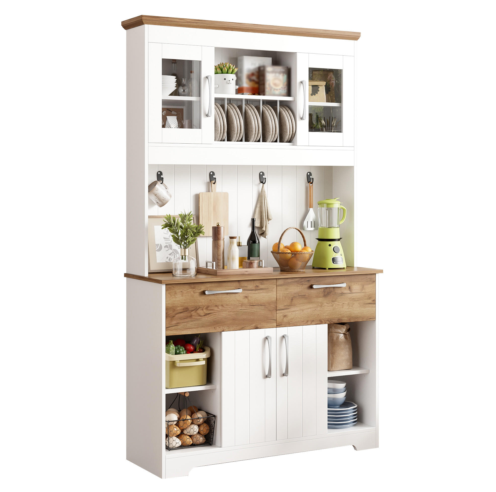 Redom BUFFET 106/39/176,5 cm s úložným prostorem, vitrínovými policemi, zásuvkami a háčky, Bílá a přírodní