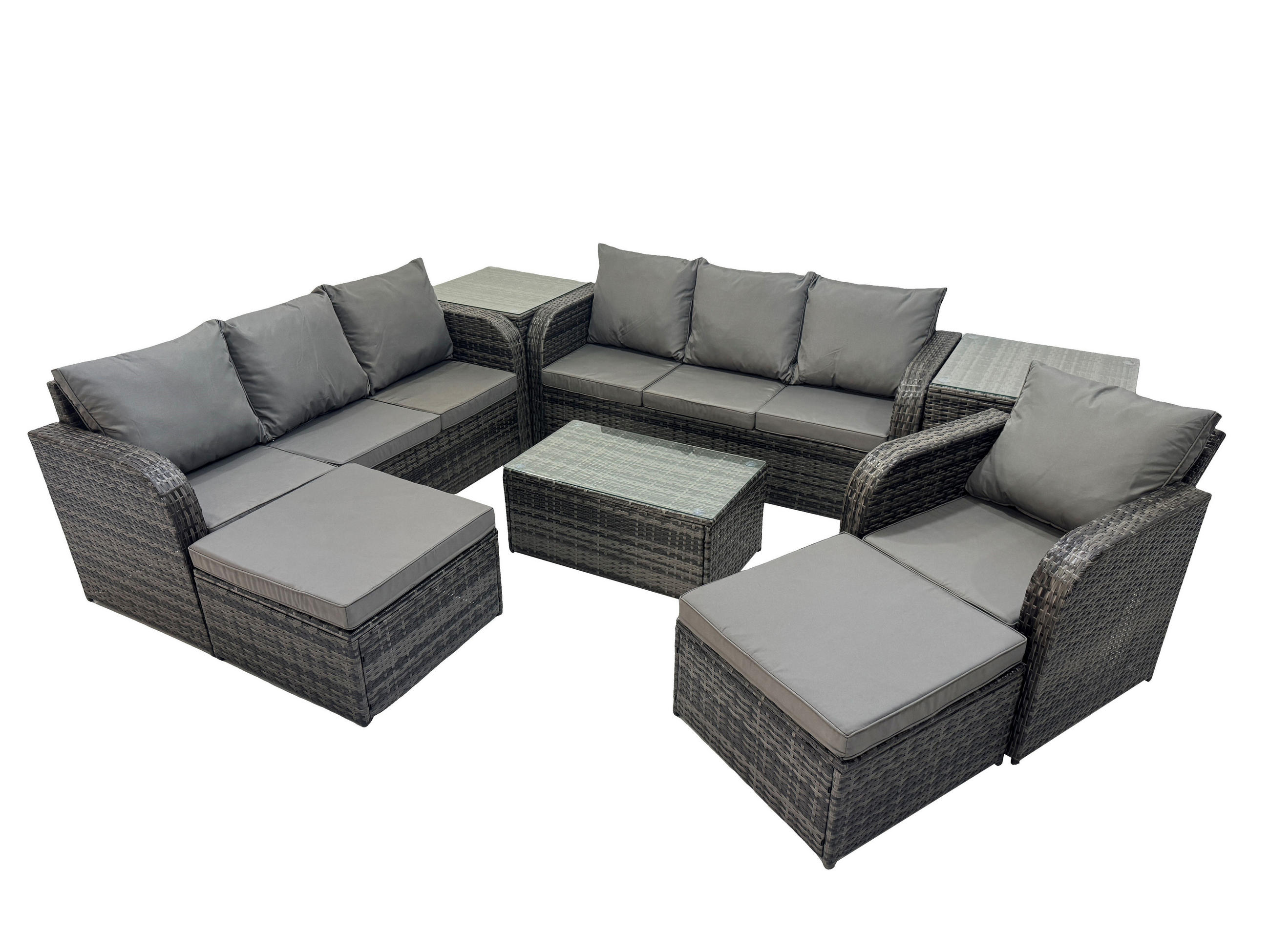 GARTENMÖBEL-SET mit Kissen Polyrattan Dunkelgrau 9-Sitzer - Dunkelgrau/Grau, Glas/Kunststoff - Fimous