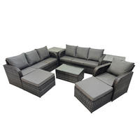 GARTENMÖBEL-SET mit Kissen Polyrattan Dunkelgrau 9-Sitzer - Dunkelgrau/Grau, Glas/Kunststoff - Fimous
