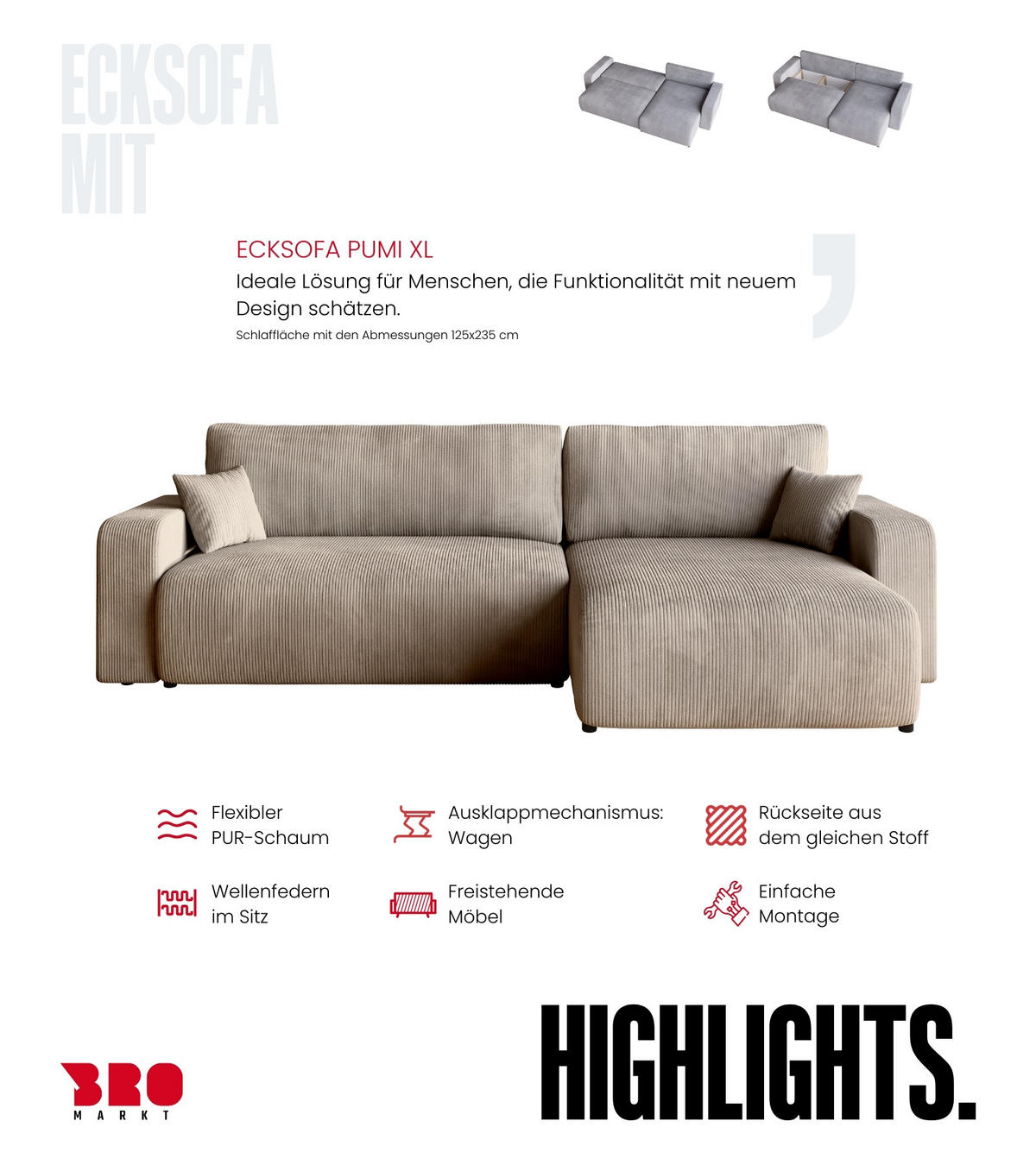 ECKSOFA PUMI XL mit Schlaffunktion Beige Cord - Beige, Textil (274/148cm) - Bromarkt