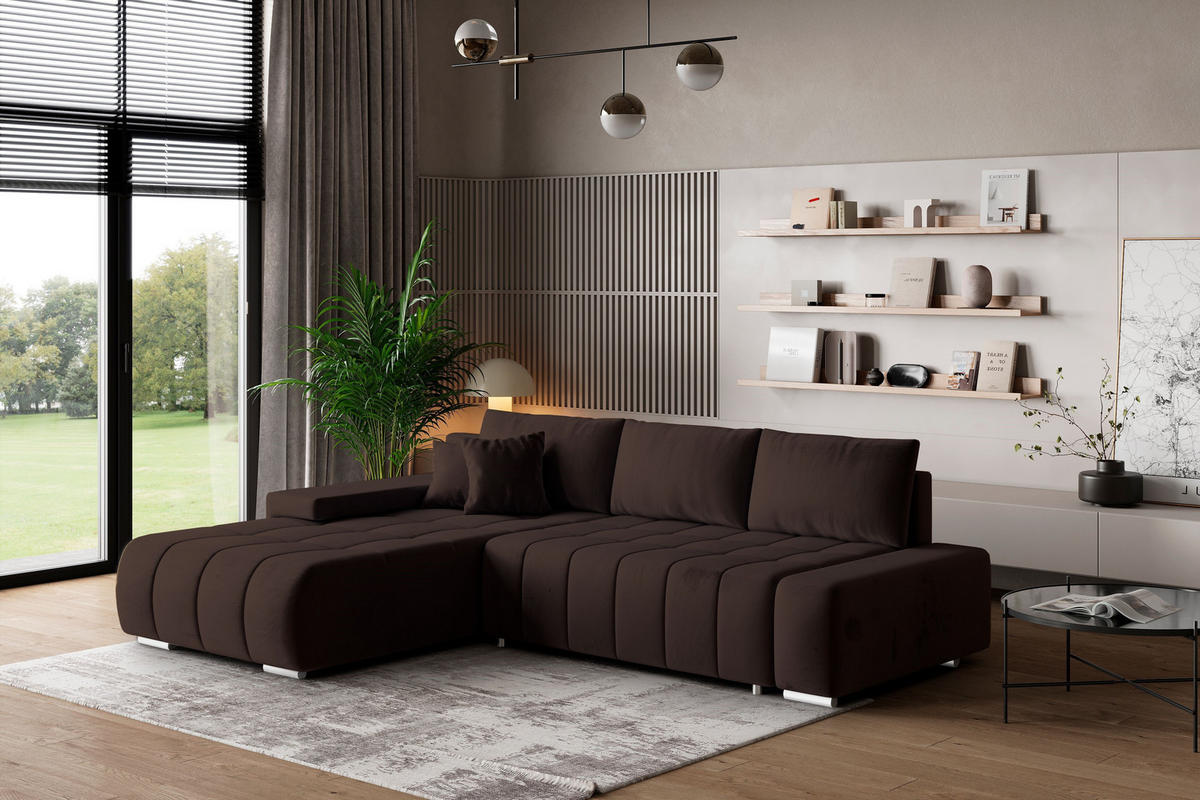 ECKSOFA ALESE L-S Braun Velours-Stoff mit Schlaffunktion - Braun, Holz (265/185cm) - MASSENO