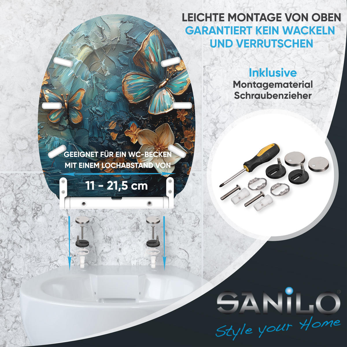 WC-SITZ mit Absenkautomatik & Top Fix Mariposa - Blau, Holzwerkstoff (37.7/5.5/48cm) - Sanilo