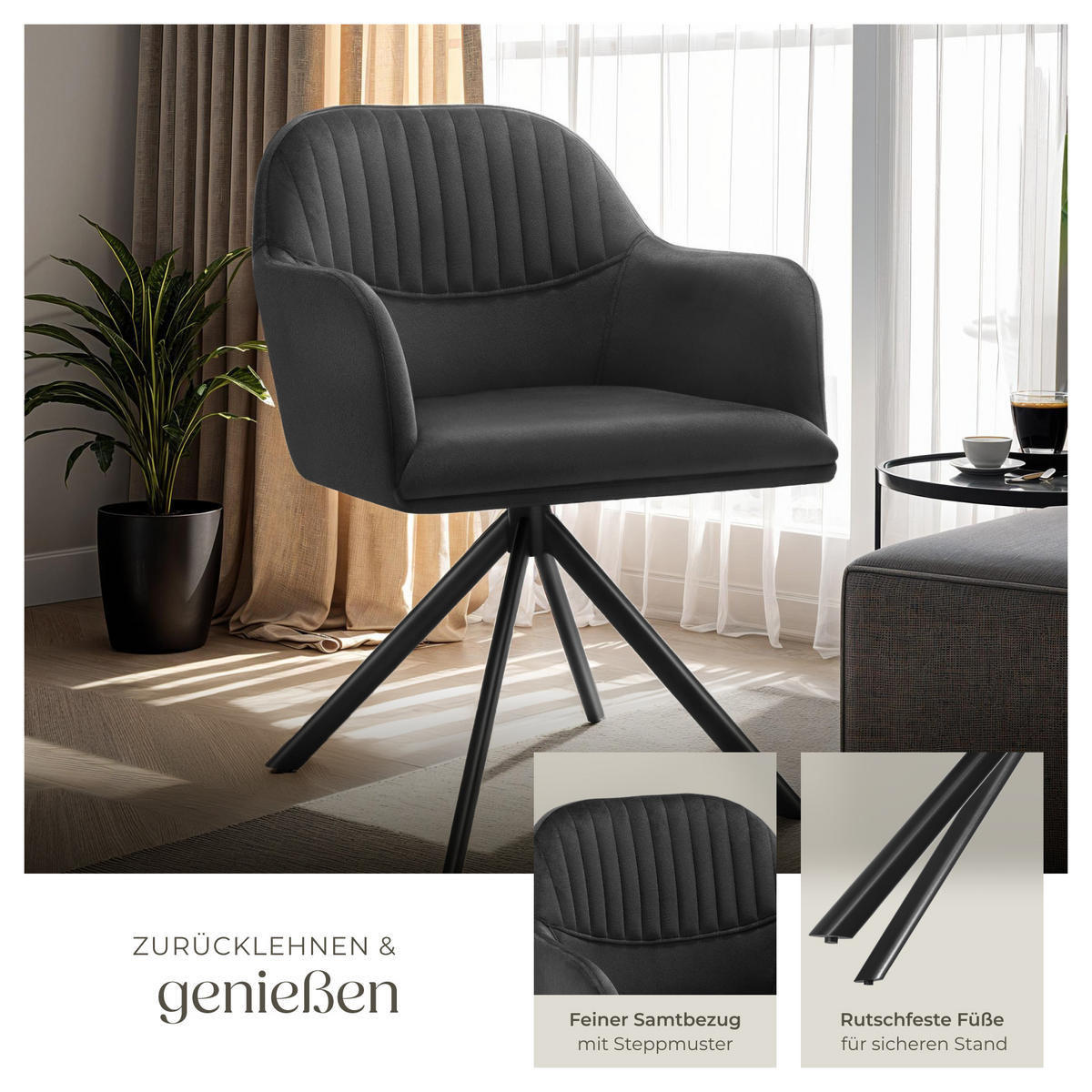 DREHSTUHL 6er Set Lona 56 x 59 x 81 cm schwarz/schwarz - Schwarz, Textil (56/81/59cm) - tectake