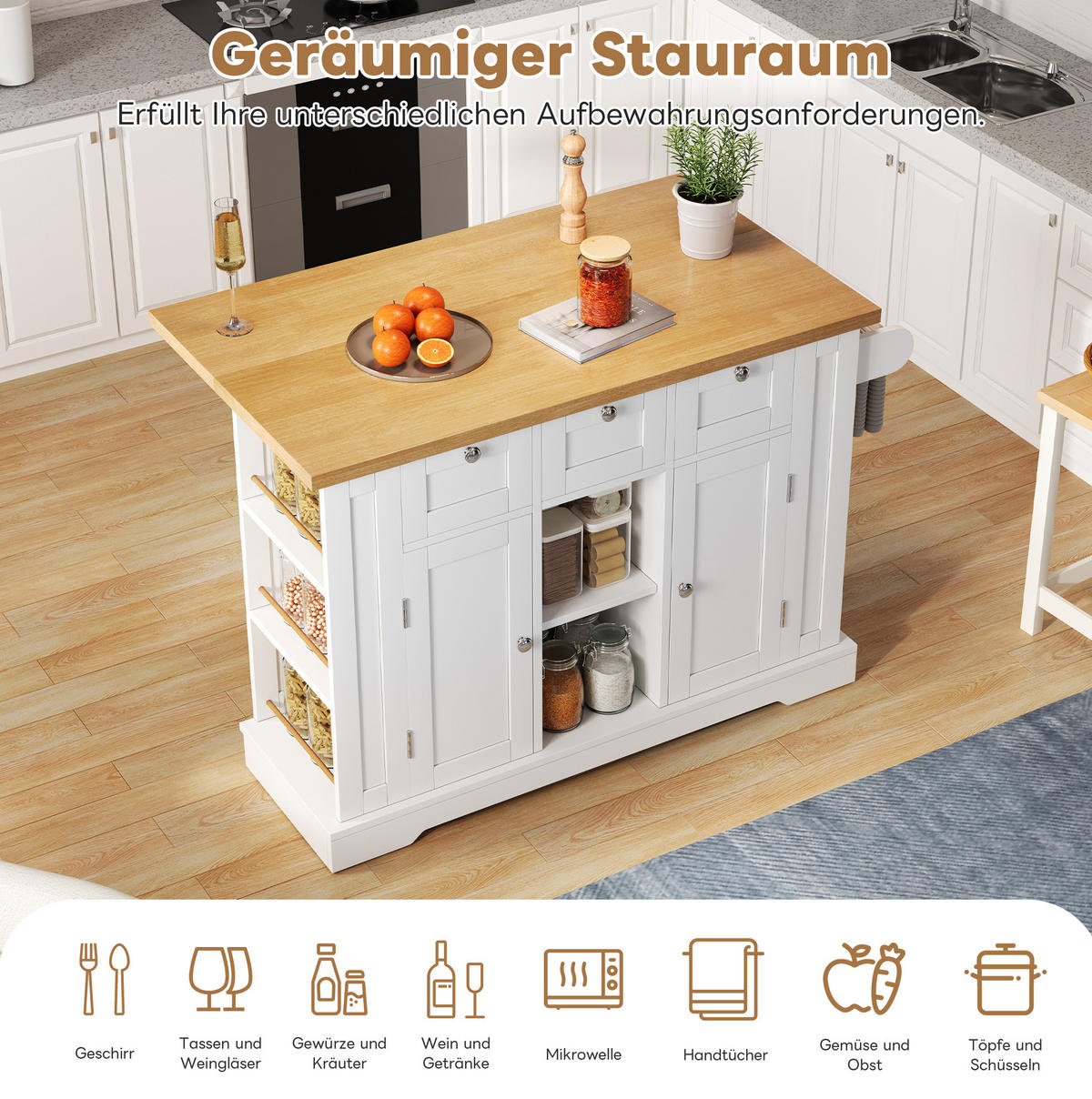 KÜCHENINSEL 132/40(70)/87 cm mit klappbarer Arbeitsplatte, Steckdose, USB und Rollen, Weiß/Natur - Weiß, Holzwerkstoff (132/87/70cm) - Redom