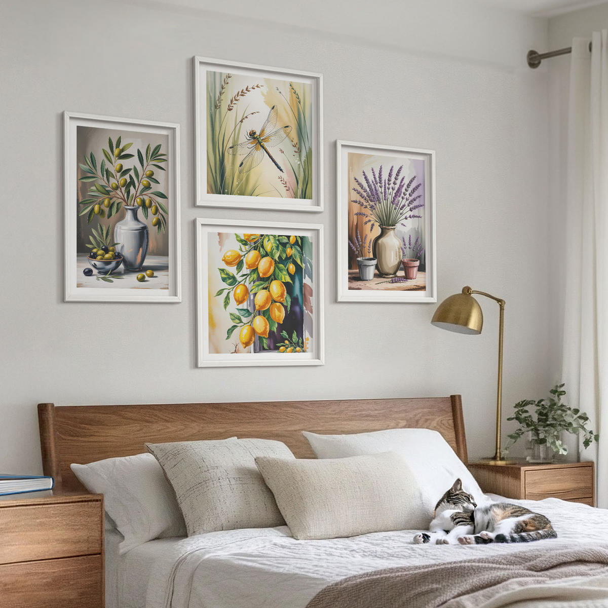 WANDBILDER 4er-Set - 50x50 cm & 40x60 cm Weißer Rahmen - Olivenblüten in Vasen Natur - Weiß, Kunststoff (50/50cm) - ArtPrintCave