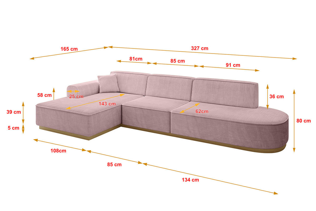 ECKSOFA Ottomane Links IREA-L2-v2 - 327x165x80 cm Rosa - Rosa, Holzwerkstoff/Textil (327/165cm) - ALTDECOR