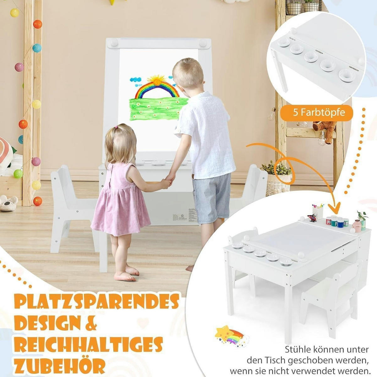 KINDERTISCH mit 2 Stühlen 3-teiliges Set Weiß mit Stauraum - Weiß, Holzwerkstoff (60/55/109cm)