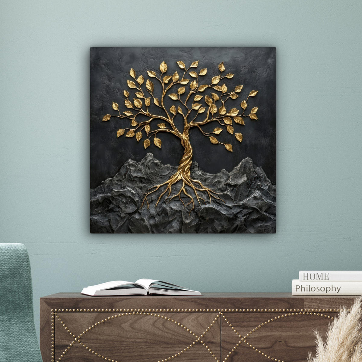 LEINWANDBILD Blätter - Gold - Baum - Fels Wandbild Wohnzimmer 50x50 cm - Schwarz, Textil (50/50cm) - MuchoWow