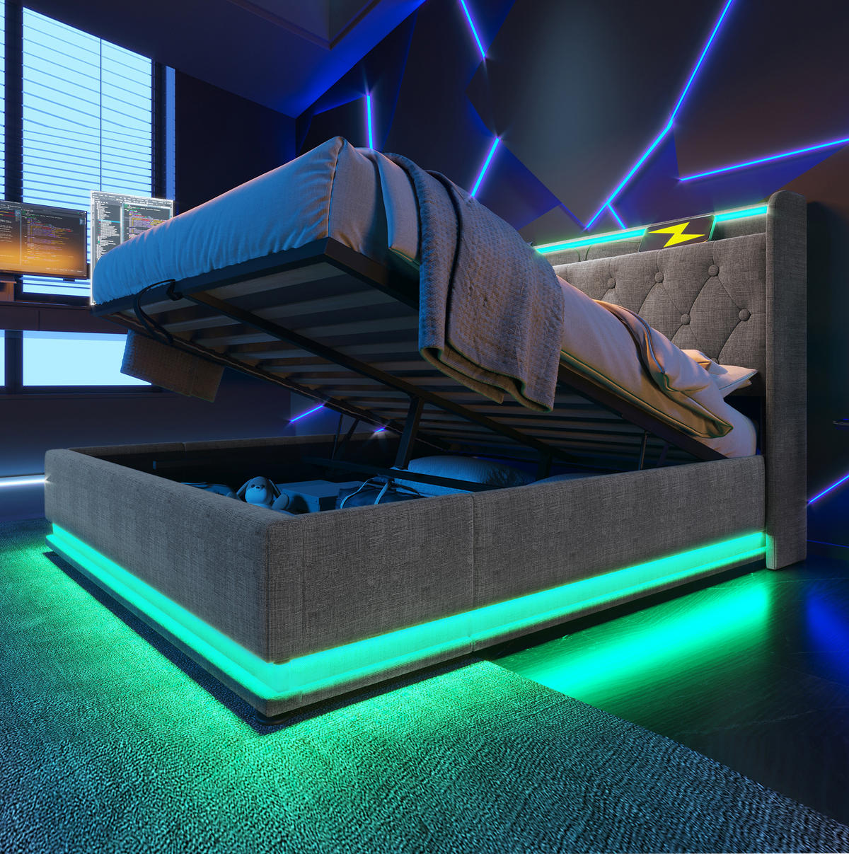 BETT mit Stauraum und LED 140x200 cm Leinen Grau - Grau, Metall (140/200cm) - Meubliv