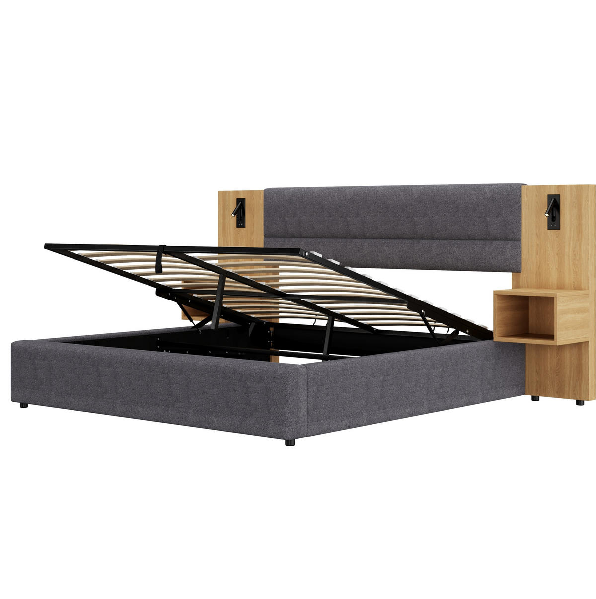 POLSTERBETT 160/200 cm mit USB-A/USB-C, Beleuchtung, hydraulischem Bettkasten und 2 Nachttischen, Natur/Grau - Grau, Textil (160/200cm) - Redom