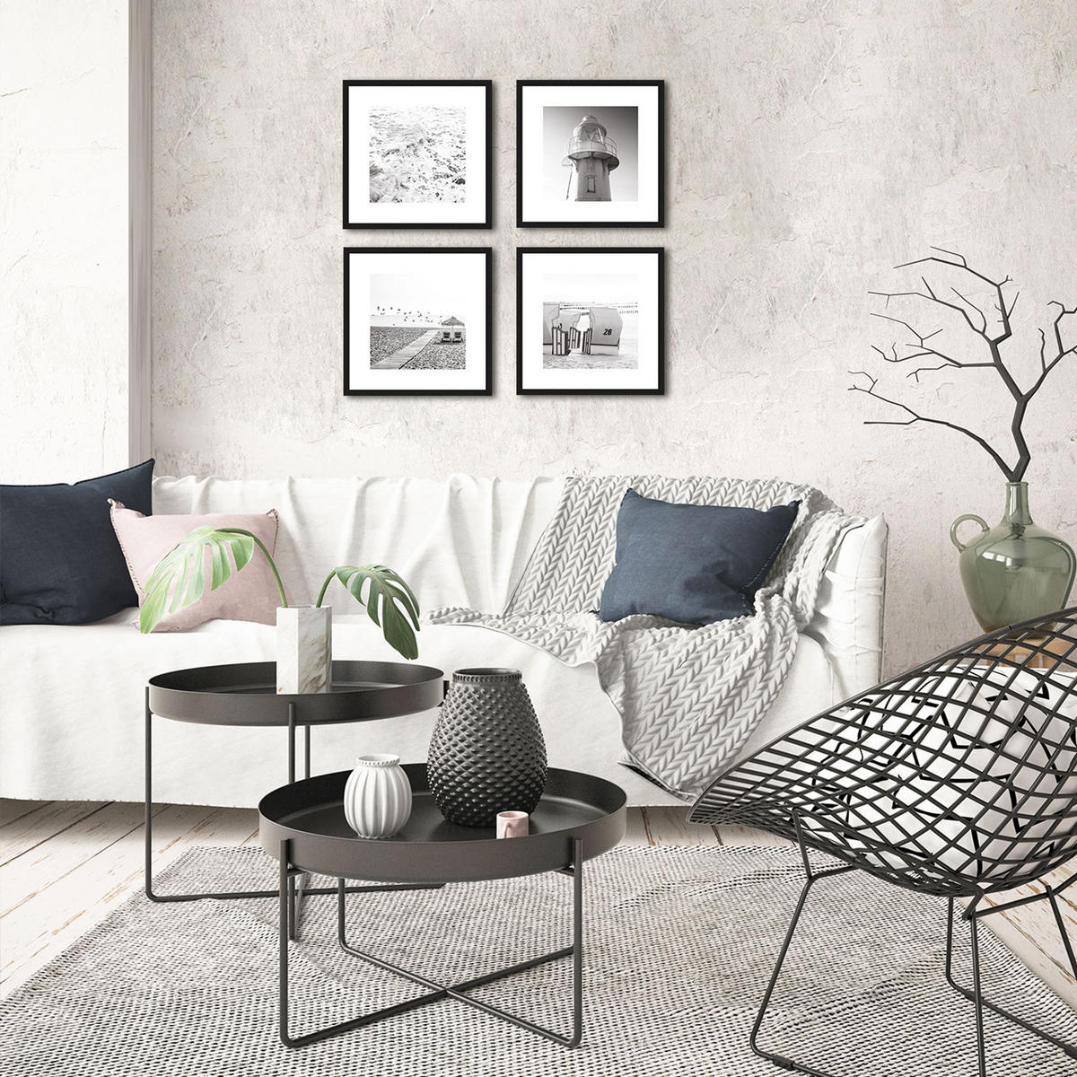 BILDER-SET mit Rahmen 4 x 30x30 cm Strand Meer schwarz weiß - Weiß, Holz (30/30cm) - artissimo