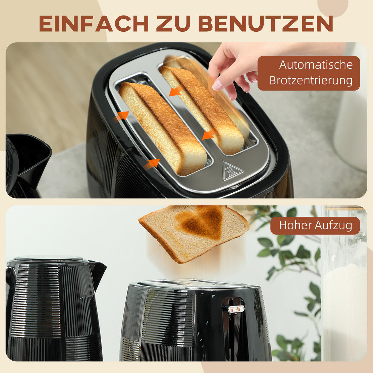 TOASTER mit Wasserkocher DE-07880 Schwarz - Schwarz, Kunststoff (15.6/23.3/20.4cm) - ComfortXL