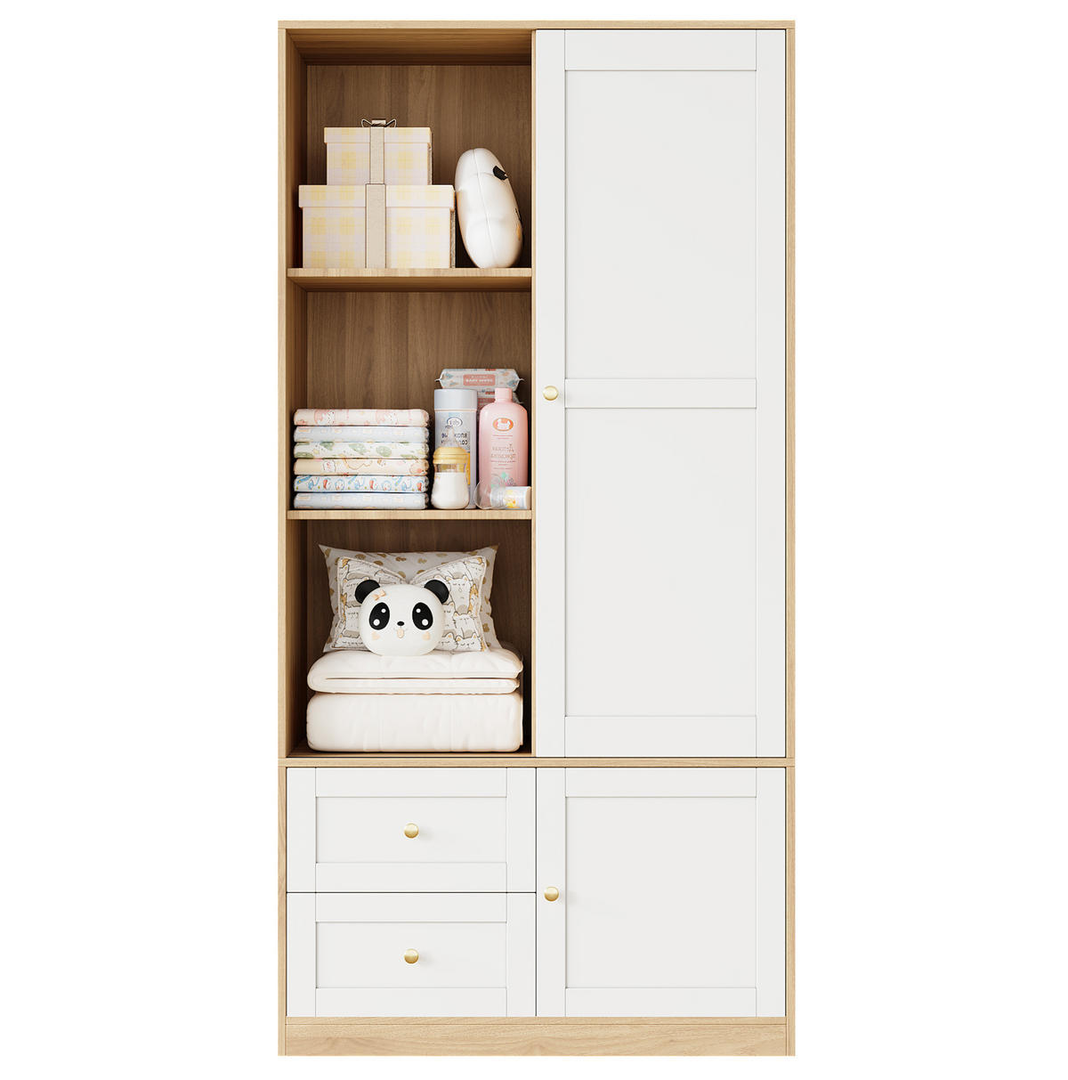 KLEIDERSCHRANK aus MDF 90x50x180 cm Natur/Weiß mit Schiebetür, Kleiderstange, Schubladen und Fächern - Naturfarben, Holzwerkstoff (90/180/50cm) - Modfu