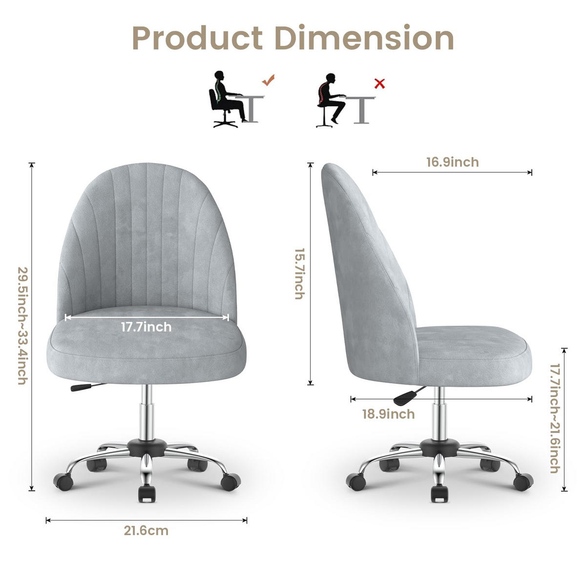 DREHSTUHL Grau Samt ergonomisch drehbar - Grau, Metall (30/44.5/48.5cm) - Rattrix