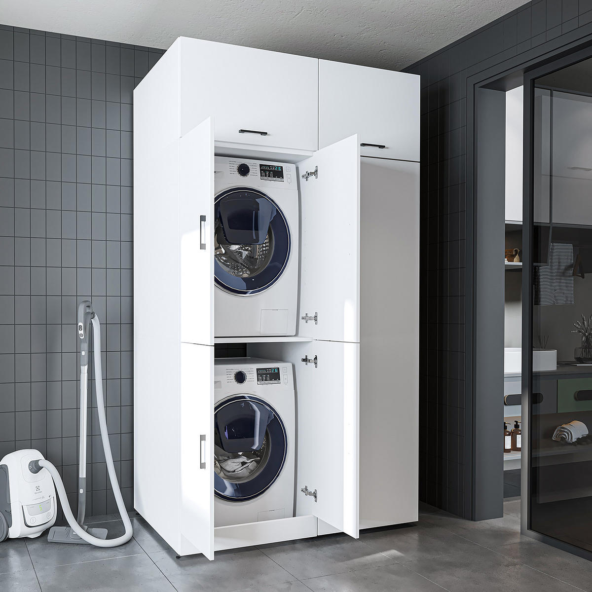 WASCHMASCHINENSCHRANK DORA-II 130cm Breit, 230cm Hoch - Weiß, Holzwerkstoff (130/230/73.8cm)