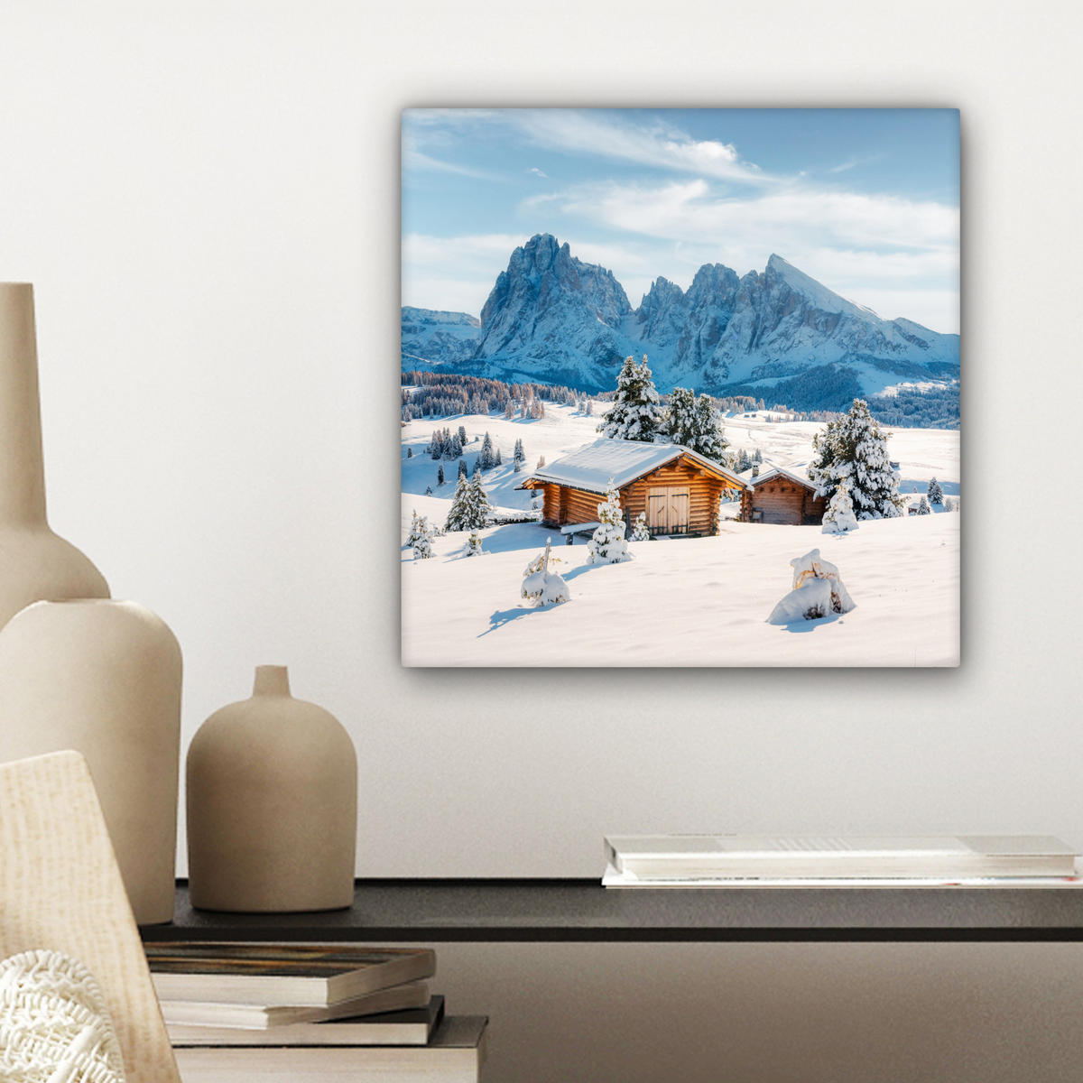 LEINWANDBILD Winter - Hütte - Berge - Aussicht - Schnee Deko Wohnzimmer 20x20 cm - Eichefarben, Textil (20/20cm) - MuchoWow