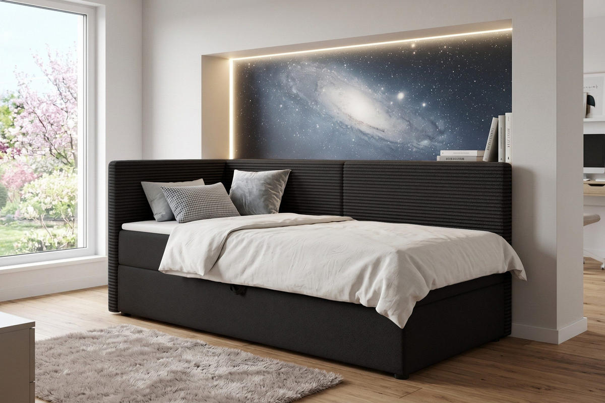 BOXBETT MILA 90/200 in Cord/Velours Schwarz H4 links - Schwarz, Holz/Holzwerkstoff (90/200cm) - Deine Möbel 24