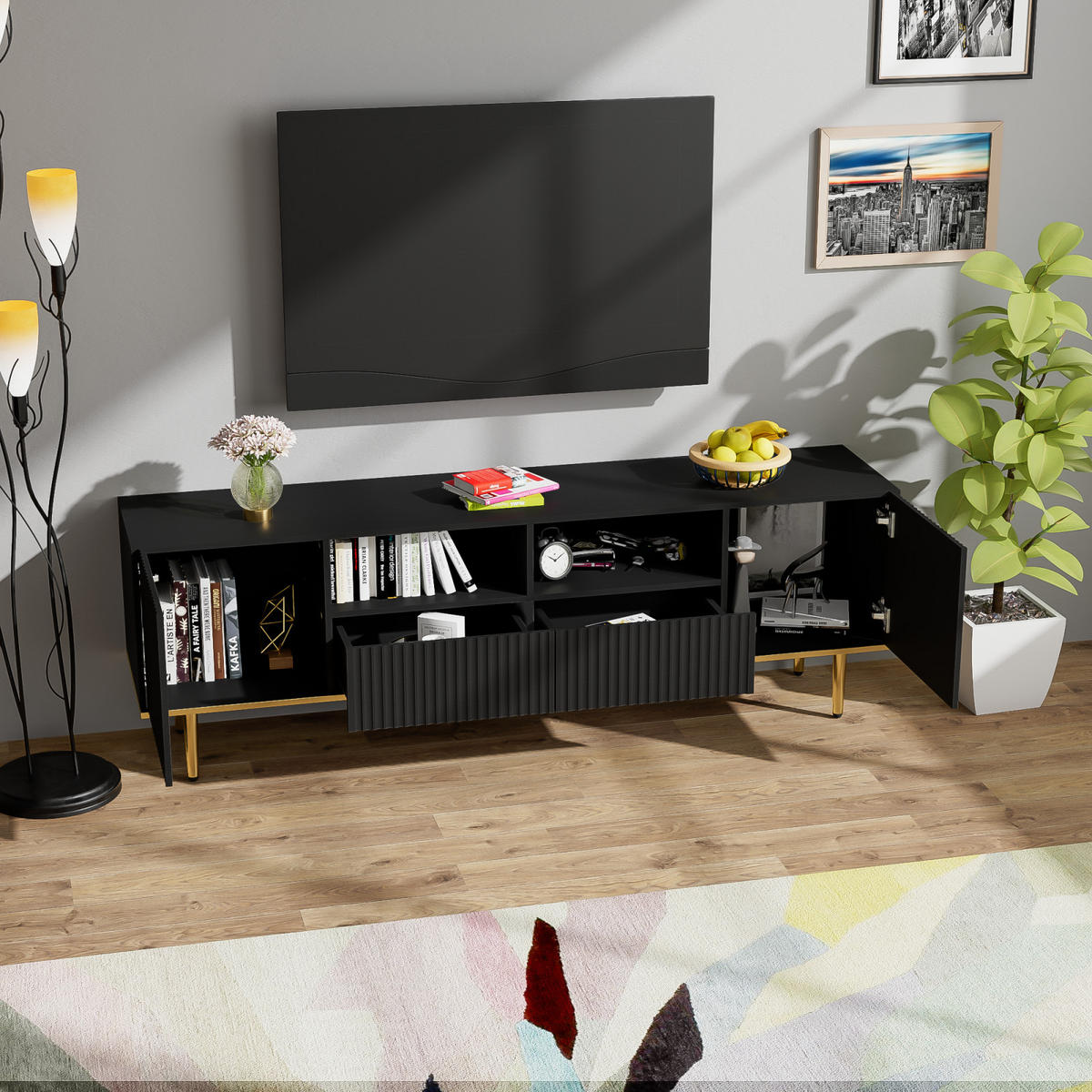 TV Lowboard goldene Füße, Stauraum, Schwarz - Schwarz, Holz (165/55/36cm)