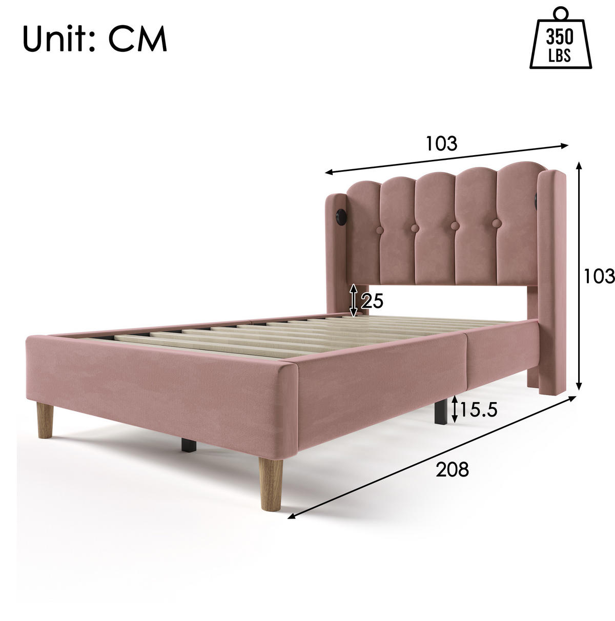 POLSTERBETT 90/200 cm mit USB- und Typ-C-Anschluss, Lattenrost und Matratze, Samtbezug mit Paneel-Kopfteil, Rosa - Rosa, Textil (90/200cm) - Redom