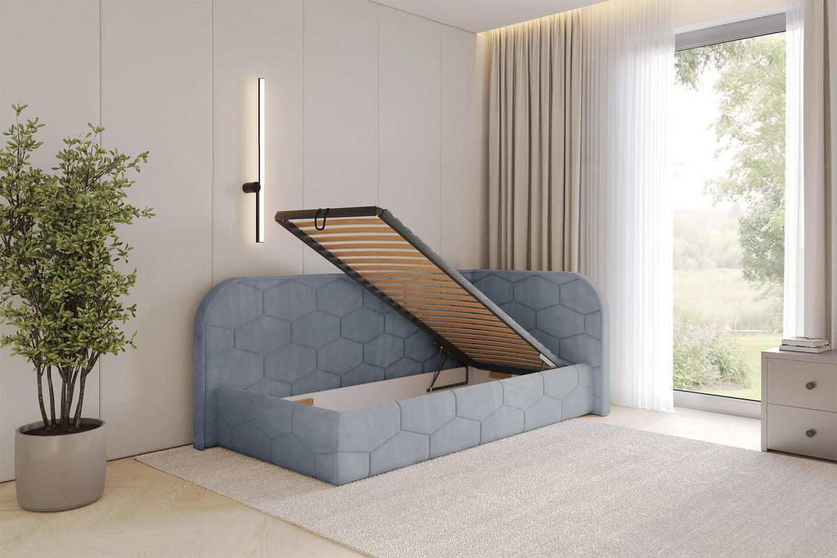 EINZELLBETT Jugendbett mit Bettkasten und Matratze H3/H4, Links - JAXY 90x200 Grau - Grau, Holzwerkstoff/Textil (90/200cm) - ALTDECOR