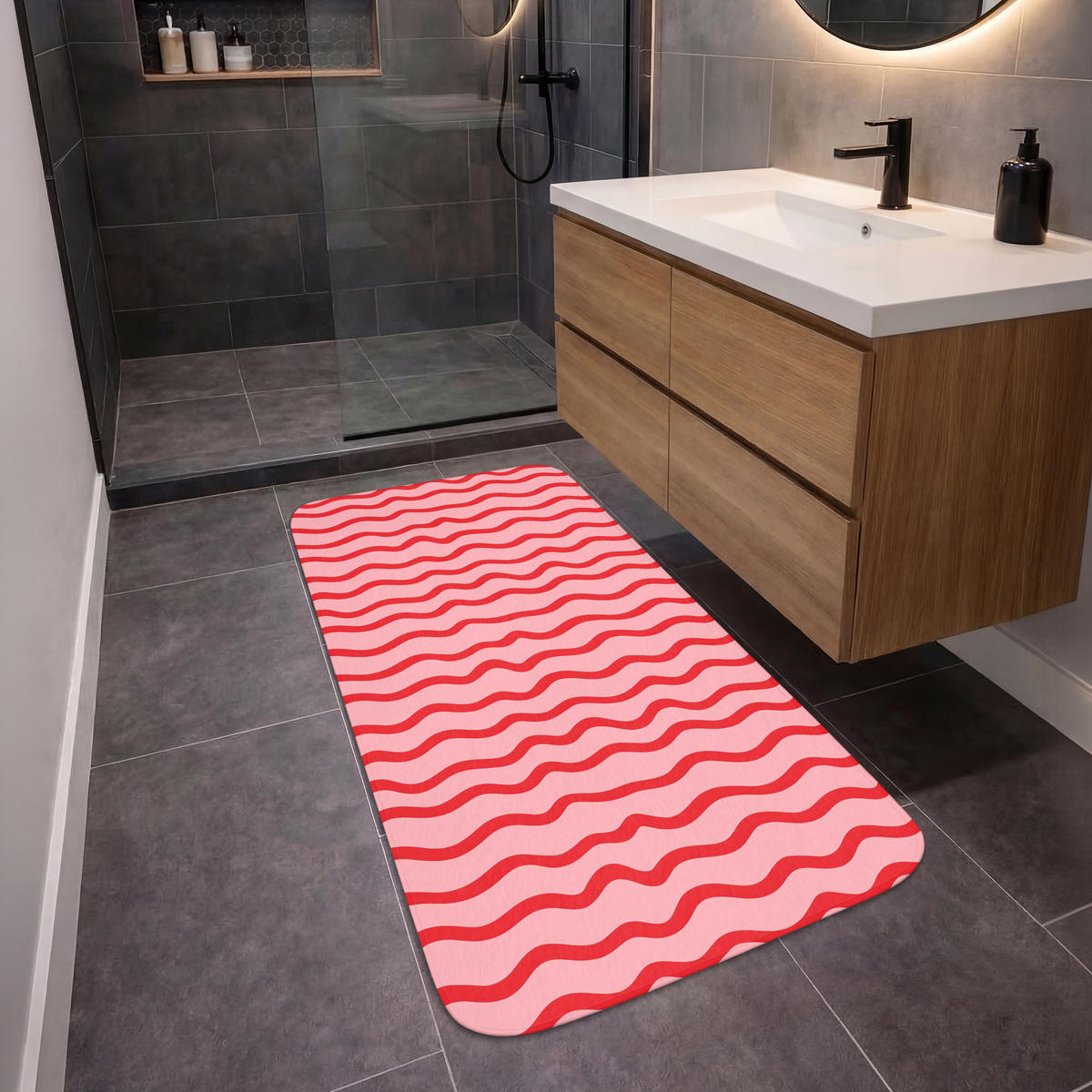 KÚPEĽŇOVÁ PREDLOŽKA Hravé - vzor - červená 60x120 cm - ružová, textil/plast (60/120cm) - OnlyWow