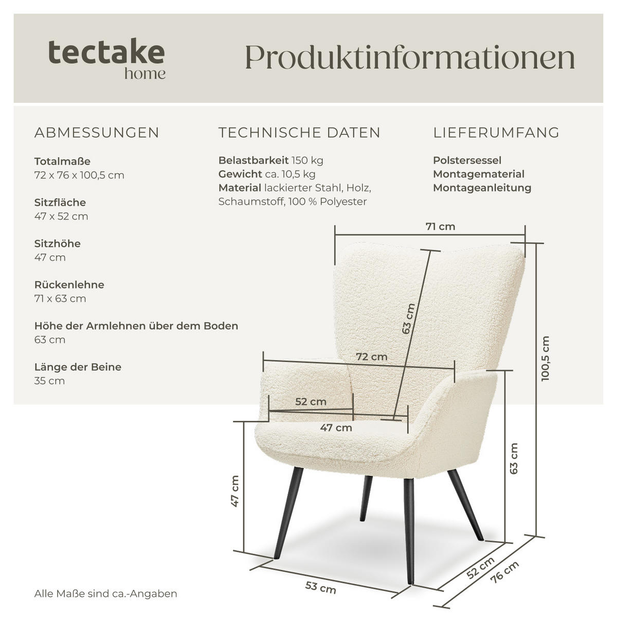 SESSEL Hygge,72 x 76 x 100,5 cm,Bouclé creme/schwarz - Creme/Schwarz, Kunststoff (72/100.5/76cm) - tectake