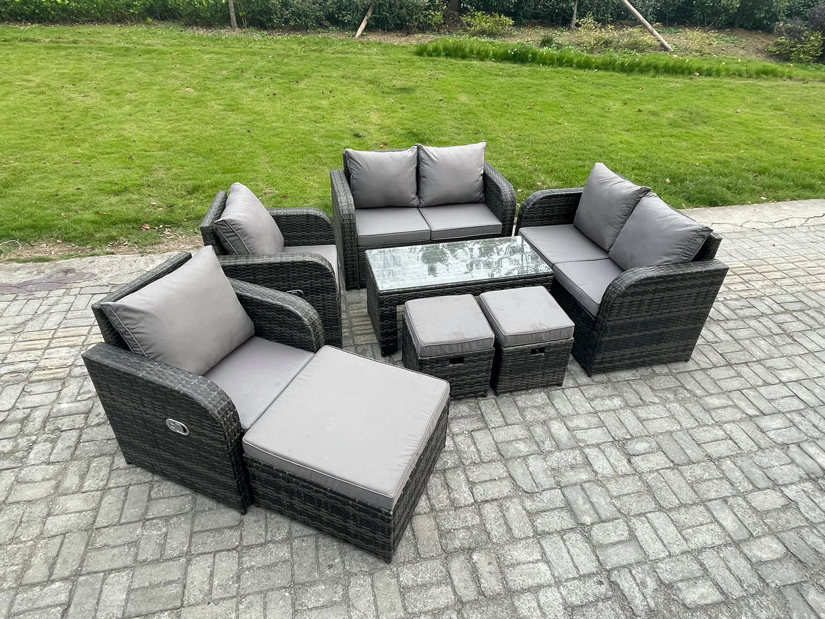 GARTENSOFA SET mit LIEGESTUHL Polyrattan 9-Sitzer Dunkelgrau - Dunkelgrau/Grau, Glas/Kunststoff - Fimous