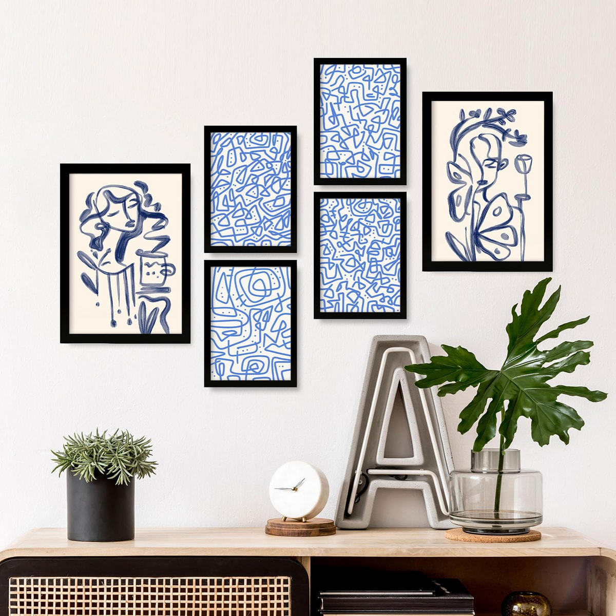 POSTER Set Mit 6 Junge Im Rahmen In Weibliche Zusammenfassung Ästhetische Dekorative Gemälde Für Ihr Wohnzimmer Zuhause A3 & A4 Schwarzer Rahmen - Schwarz, Papier (29/3cm) - Nacnic