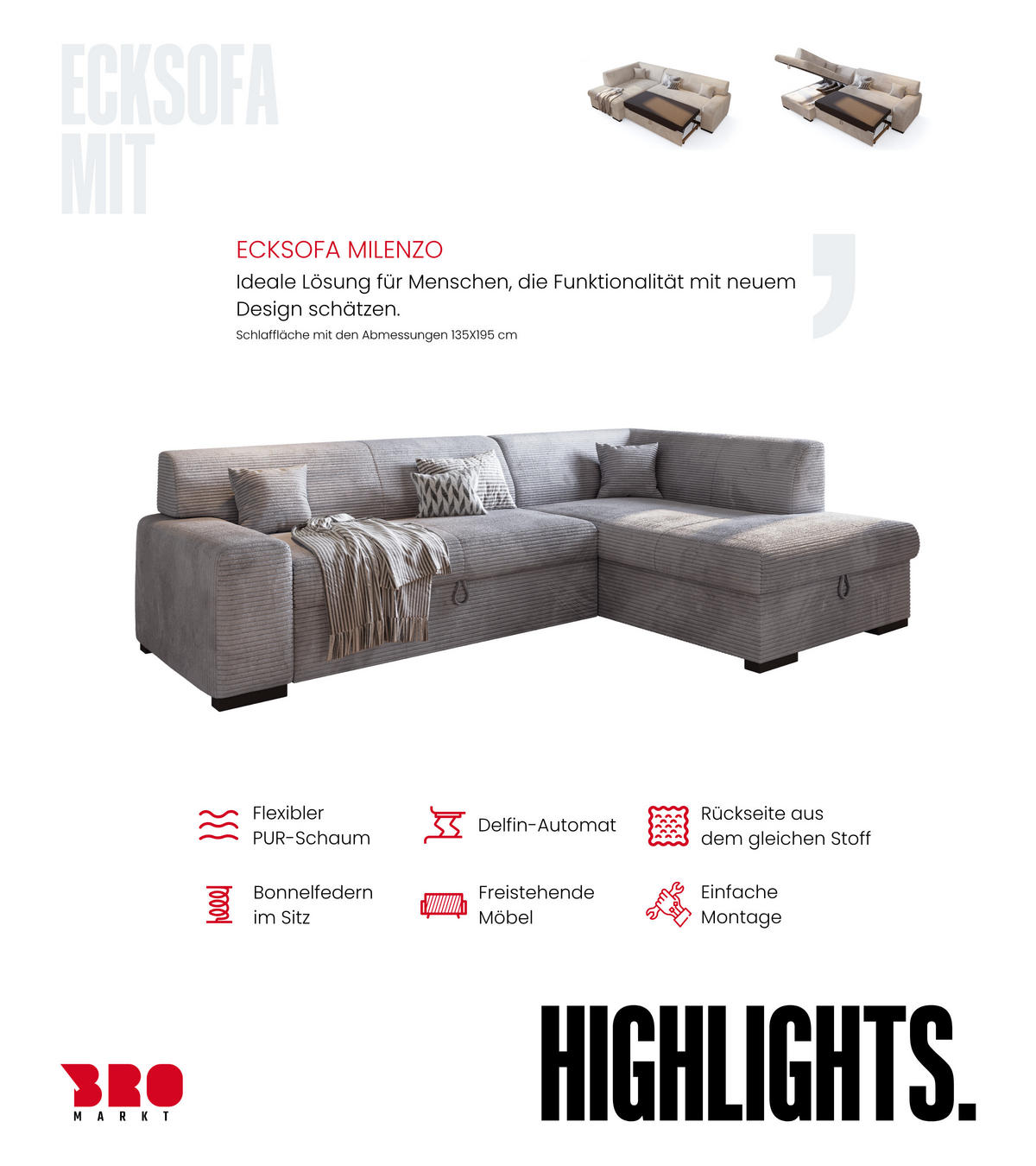 ECKSOFA mit Schlaffunktion Cordstoff MILENZO Hellgrau Rechts - Hellgrau, Holz (260/175cm) - Bromarkt