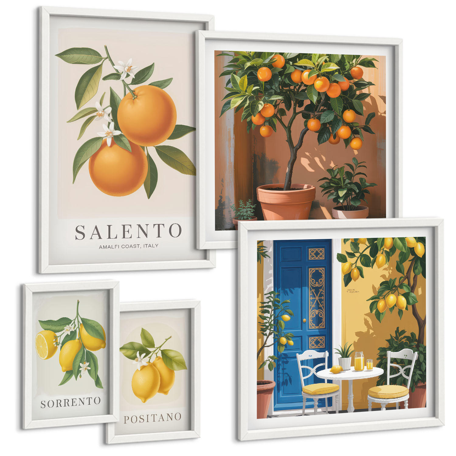 BILDER SET 5er Set - 50x50 cm & 20x30 cm & 40x60 cm Weißer Rahmen - Zitronenorange Blütenmuster - Weiß, Kunststoff (40/60cm) - TULUP